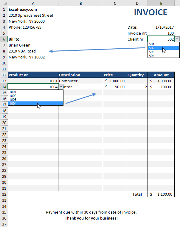 חשבונית אוטומטית ב - Excel